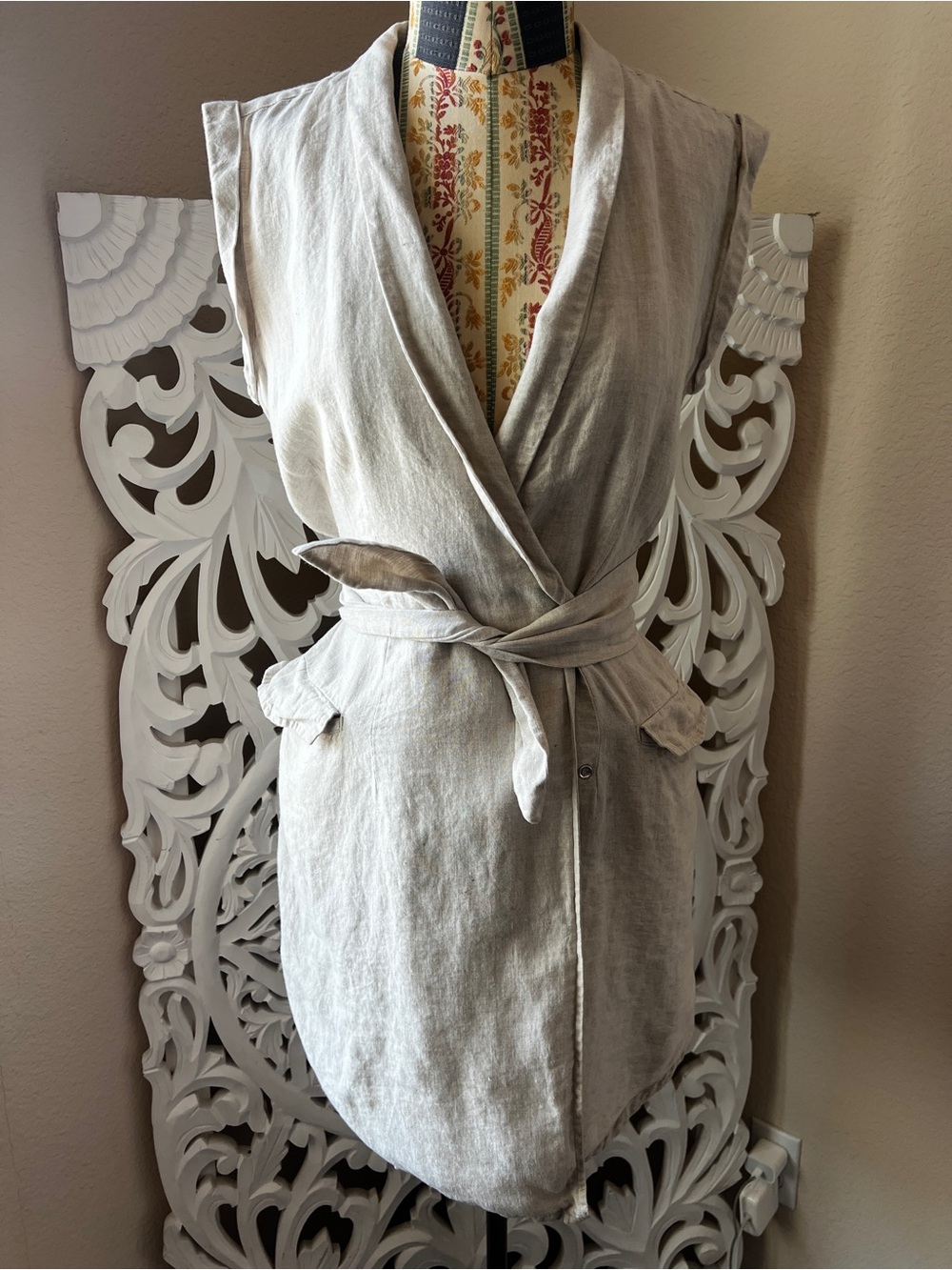 Sleeveless Linen Wrap Vest in Light Beige size 6 - Picture 4 of 11